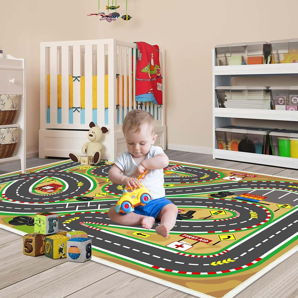 Kids Rug Play mat Playroom Rugs Car Rugs for Kids Toy Cars Race Track for Classroom Rug (Race-Brown, 6.6x9.8ft)