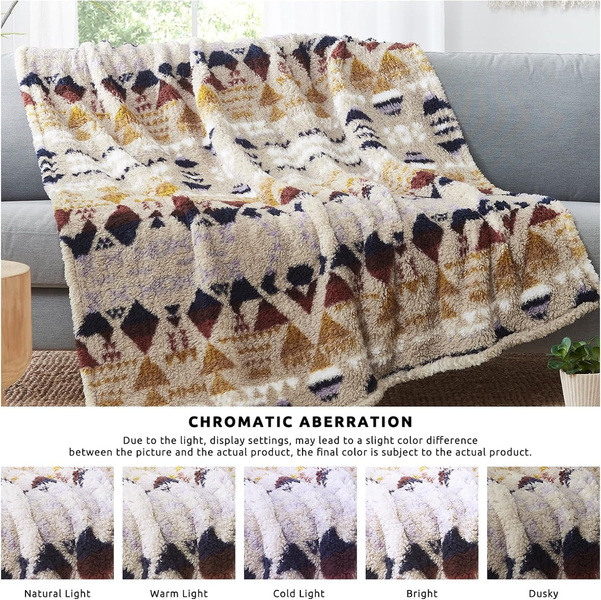 CASAAGUSTO Boho Sherpa Throw Blanket, Aztec Throw Blanket, Ultra Soft, Warm, Cozy, Plush, Thick Fleece Bohemian Blanket for Couch, Bed, Sofa (Khaki 50 * 60 Inch)