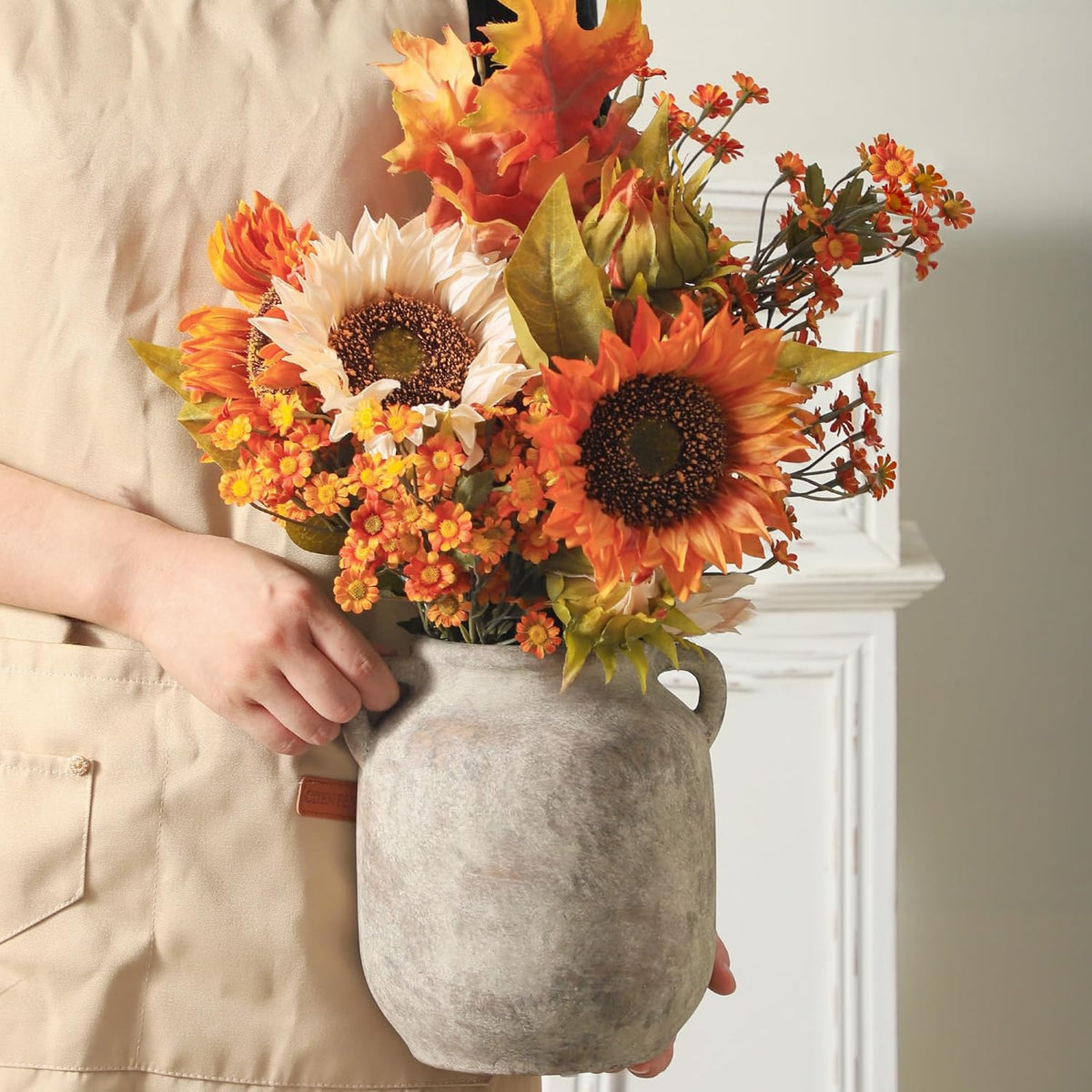Ceramic Flower Vase Home Decor - 7.6 Inch Farmhouse Rustic Table Vases with Handle Living Room Decoration Decorative Vintage Pottery for Kitchen Shelf Coffee Dining Bookshelf Fireplace Centerpiece