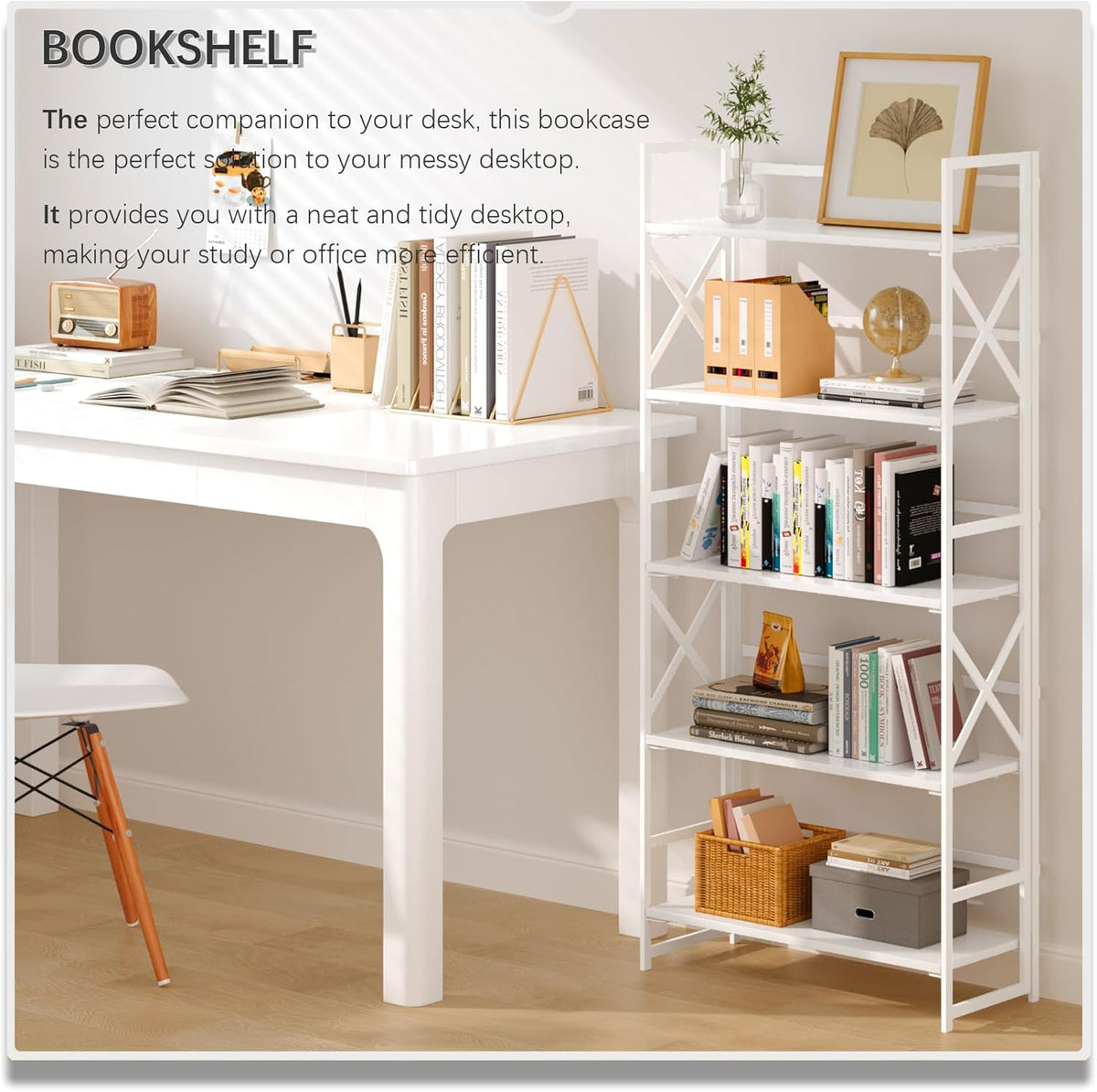4NM 5 Tiers No Assembly Book Shelves, 51.2" H Folding Bookshelf Bookcase Open Industrial Foldable Shelves for Bedroom, Living Room, Home Office - All White