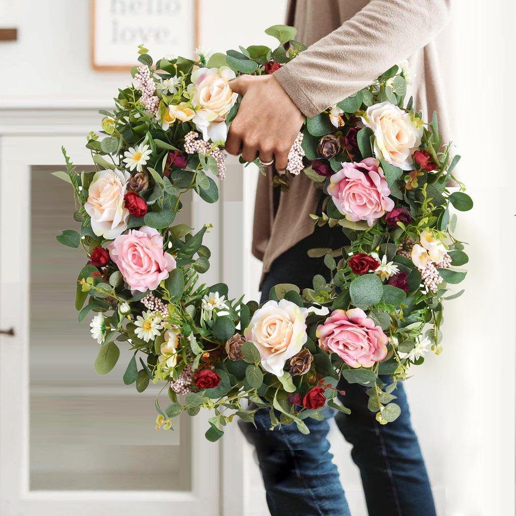 WANNA-CUL 24 Inch Large Spring Rose Wreaths for Front Door,Spring Front Door Wreath with Pink and Wine Red Floral Door Wreath with Eucalyptus Leaves for Wedding or Indoor&Outdoor Decorations