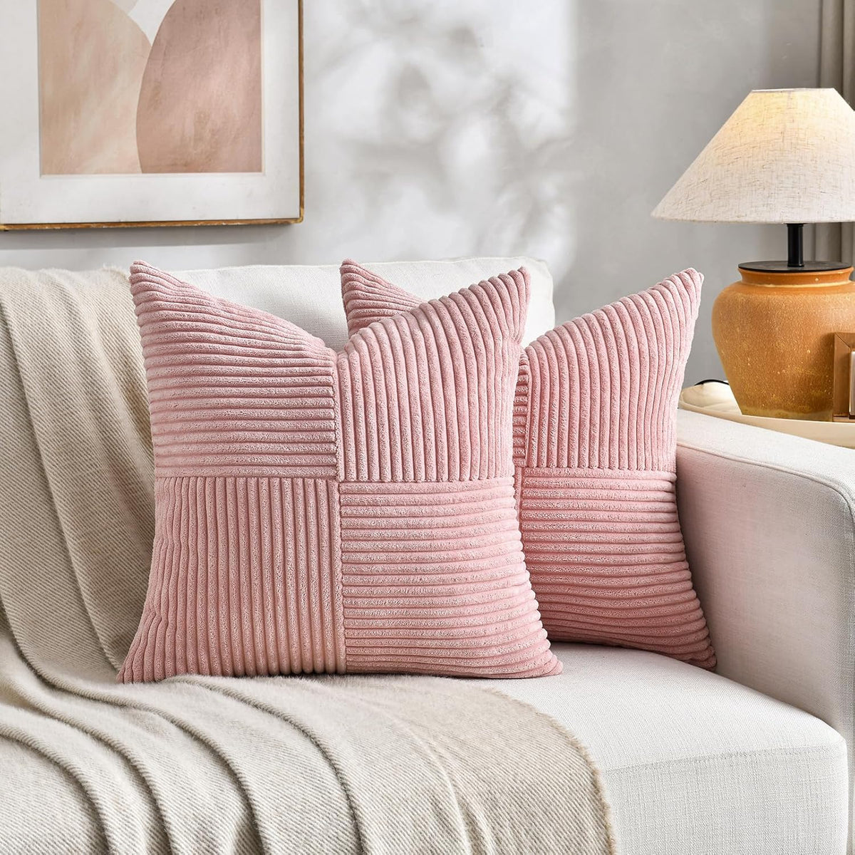 Fancy Homi 2 Packs Blush Pink Samll Decorative Throw Pillow Covers 12x12 Inch with for Couch Bed Sofa, Rustic Farmhouse Boho Home Decor, Soft Corss Patchwork Corduroy Square Cushion Case 30x30 cm