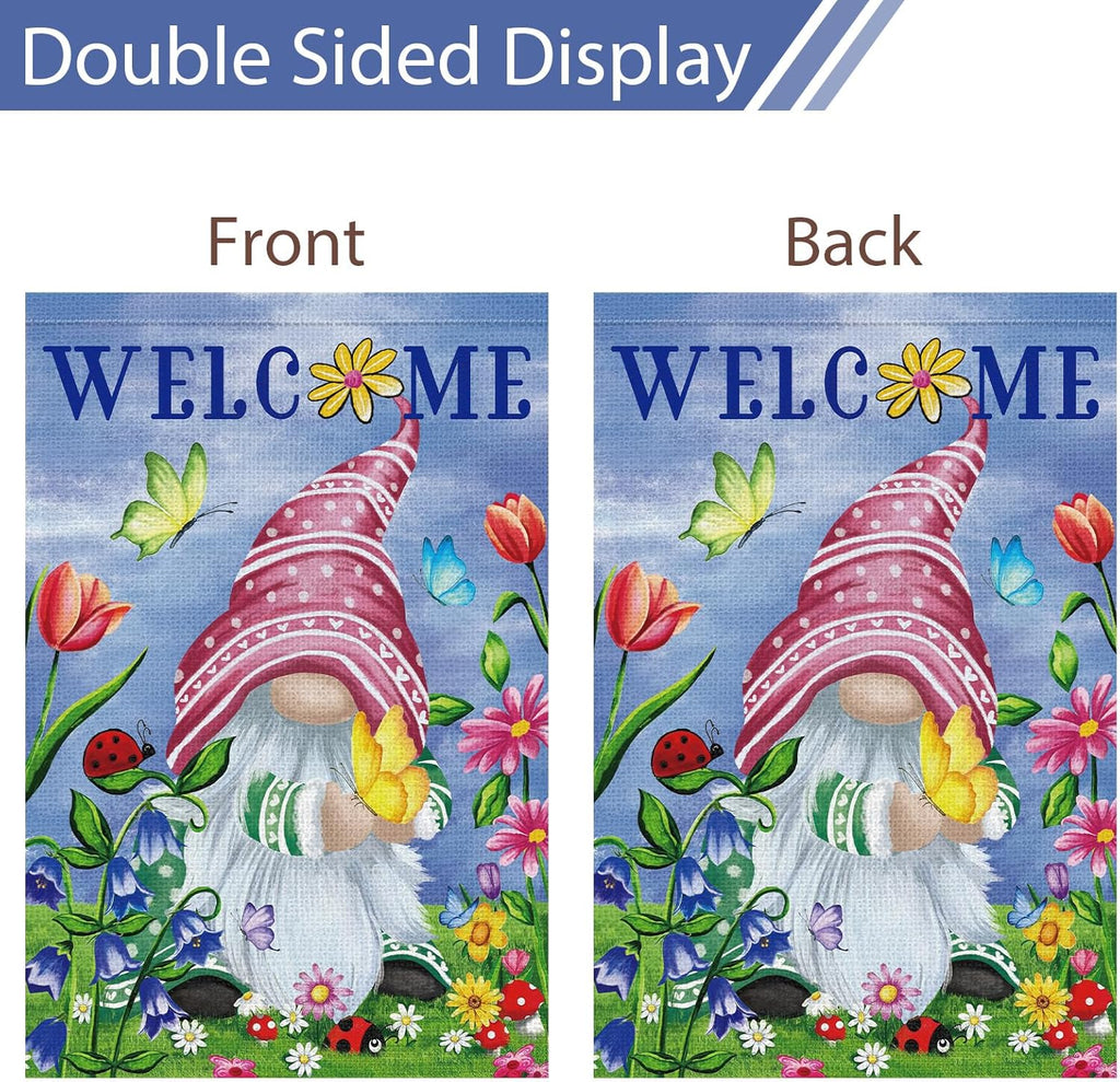 Welcome Spring Gnome Garden Flag 12x18 Double Sided Burlap Butterfly Floral Garden Yard Flags for Spring Summer Rustic Seasonal Outside Outdoor House Decoration (ONLY FLAG)