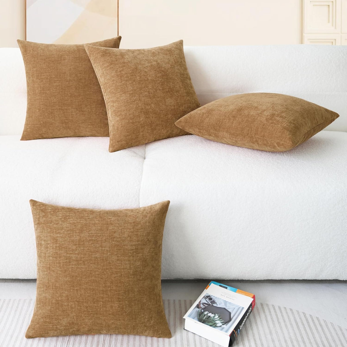 CaliTime Throw Pillow Covers Decorative 18 X 18 Inches Pack of 4 Cozy Chenille Cushion Cases for Couch Sofa Bed Living Room Home Apricot Brown