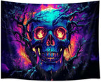 Xiaoput Blacklight Fire Skull Tapestry for Bedroom, Trippy UV Reactive Burning Skeleton Forest Wall Hanging Tapestries, Scary Dark Horror Glow in the Dark Tapestries for Living Room Home Dorm 40X30IN