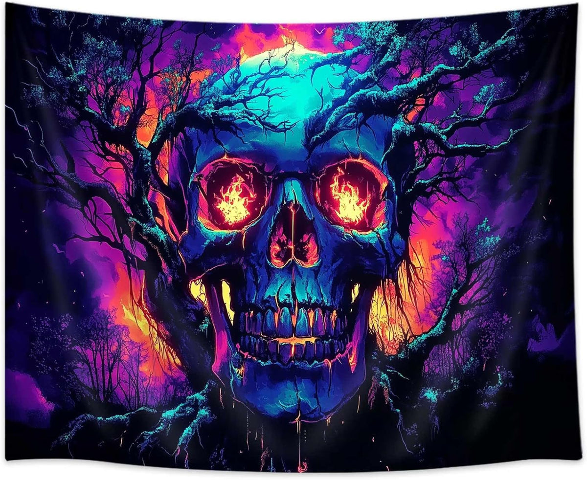Xiaoput Blacklight Fire Skull Tapestry for Bedroom, Trippy UV Reactive Burning Skeleton Forest Wall Hanging Tapestries, Scary Dark Horror Glow in the Dark Tapestries for Living Room Home Dorm 90X70IN