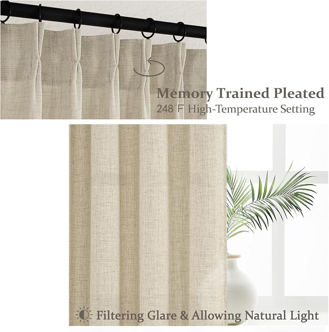 Memory Trained Pinch Pleated Linen Sheer Warm Beige Curtains 84 Inch Length | - Image 3