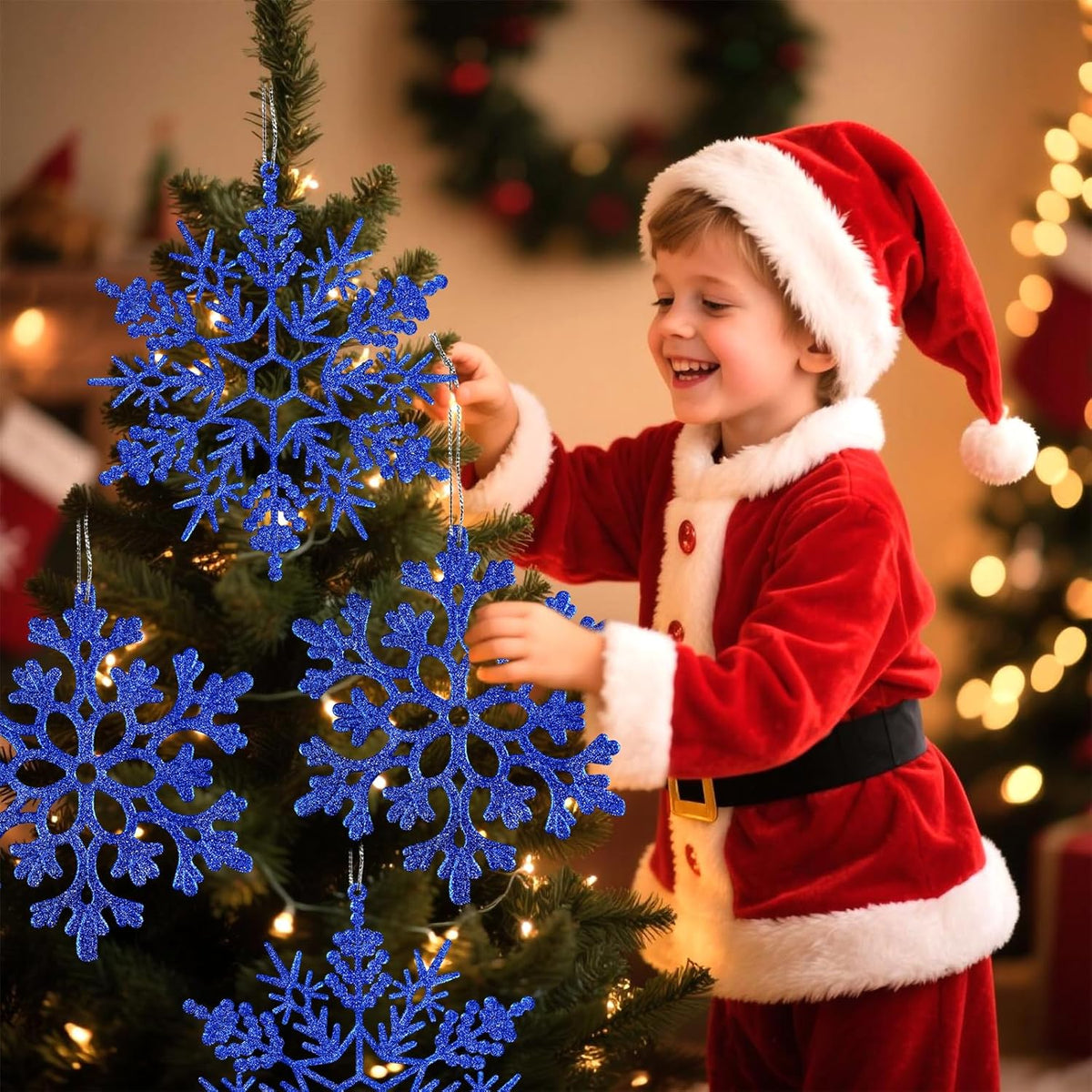 6pcs Large Navy Blue Snowflakes Ornaments 12" Big Plastic Glitter Snowflake for Winter Indoor Outdoor Christmas Tree Window Room Decorations Giant Craft Snowflakes
