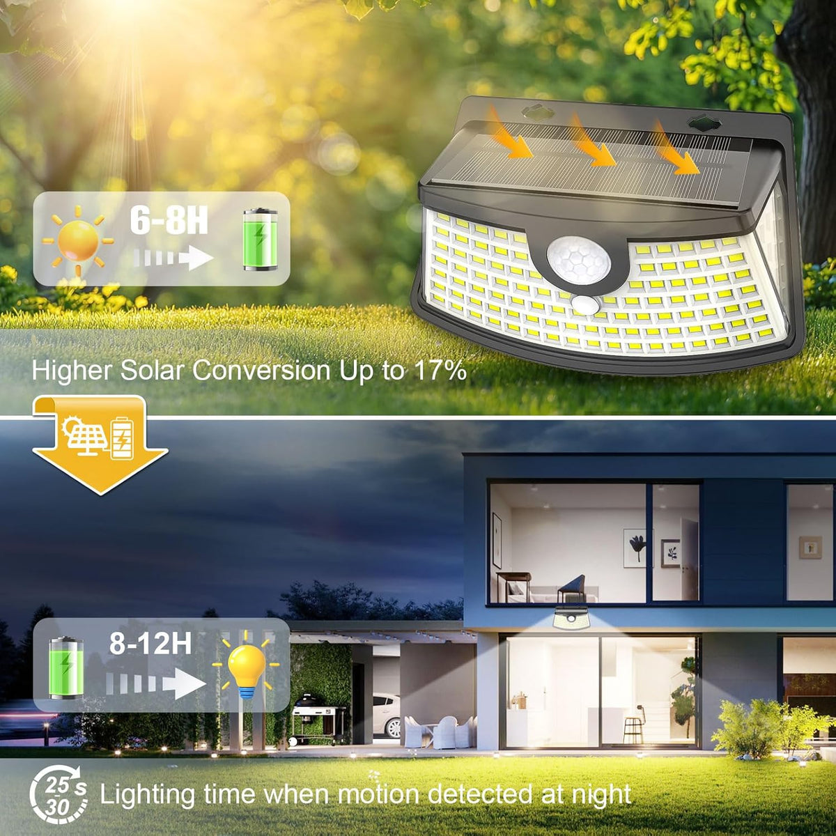 Aootek New Solar Motion Sensor Lights 120 LEDs with Light Reflector,270° Wide Angle, IP65 Waterproof, Step Lights for Front Door, Yard, Garage, Deck (Front Button 8-Pack)