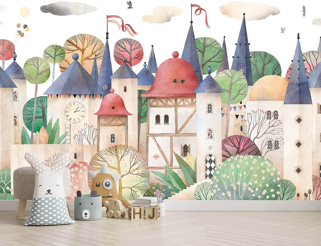 AFZEVEB-Cartoon Watercolor House Nursery Wallpaper Wall murals for Kids Room 159"x107" (Not Peel and Stick)