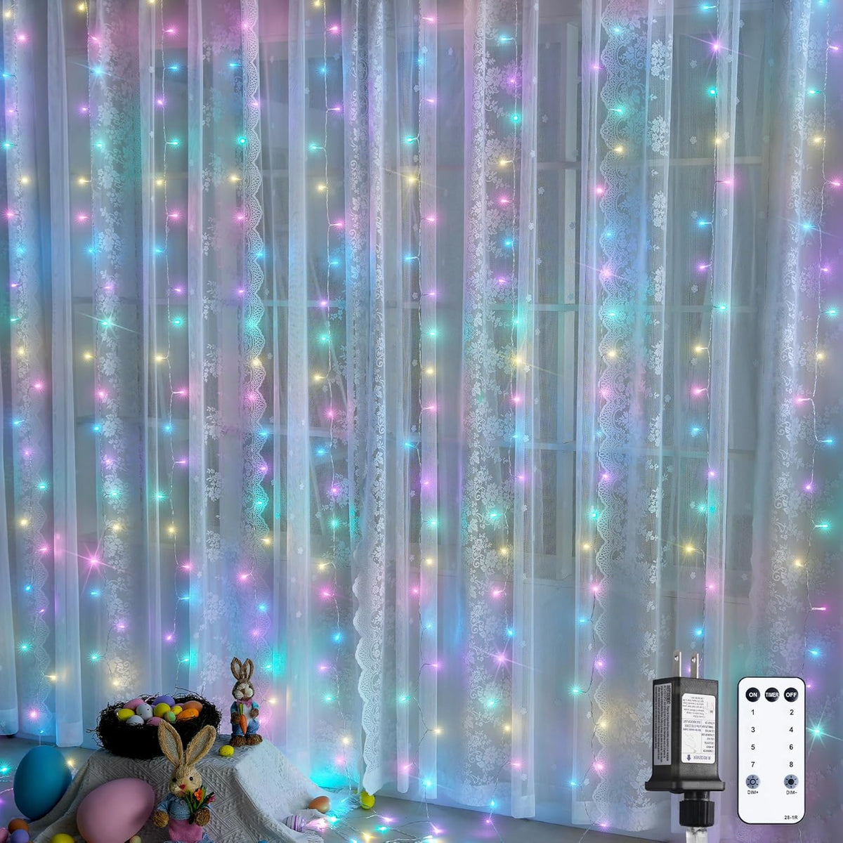 JMEXSUSS 300LED Easter Decorations Curtain Lights with Remote, 9.8x9.8ft Easter Sting Lights Plug in for Bedroom Wall Window Party Backdrop Porch Patio Garden Yard Indoor Outdoor Decor