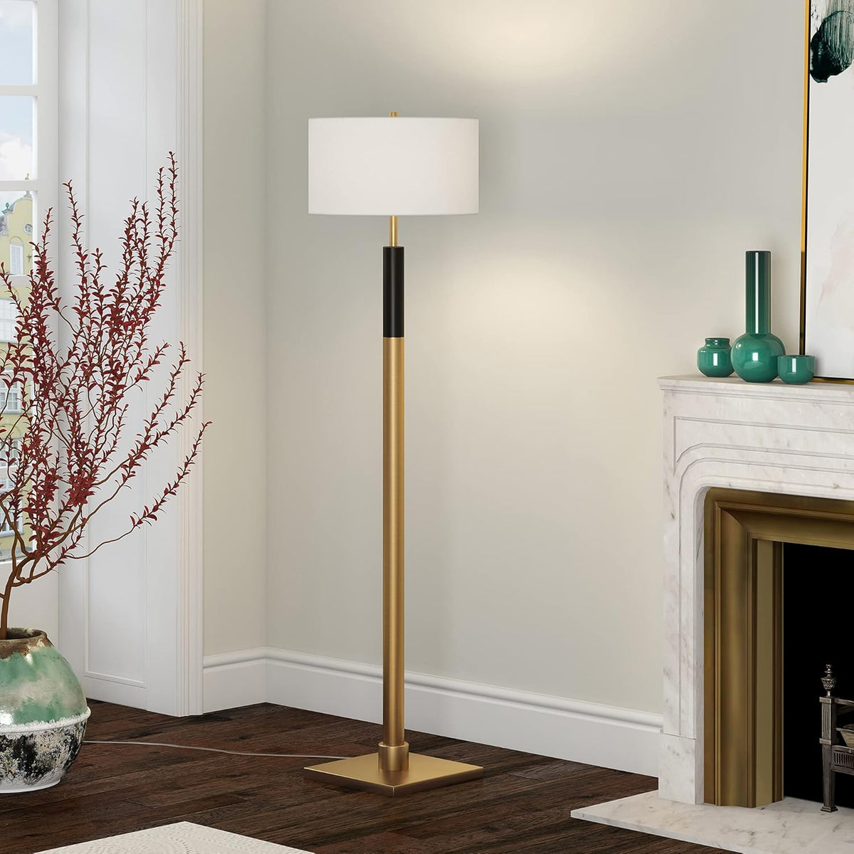 Henn&Hart Two-Tone Floor Lamp with Fabric Shade in Brass/Black/White, for Home, Living Room, Bedroom, Entertainment Room, Office, Kitchen, Dining