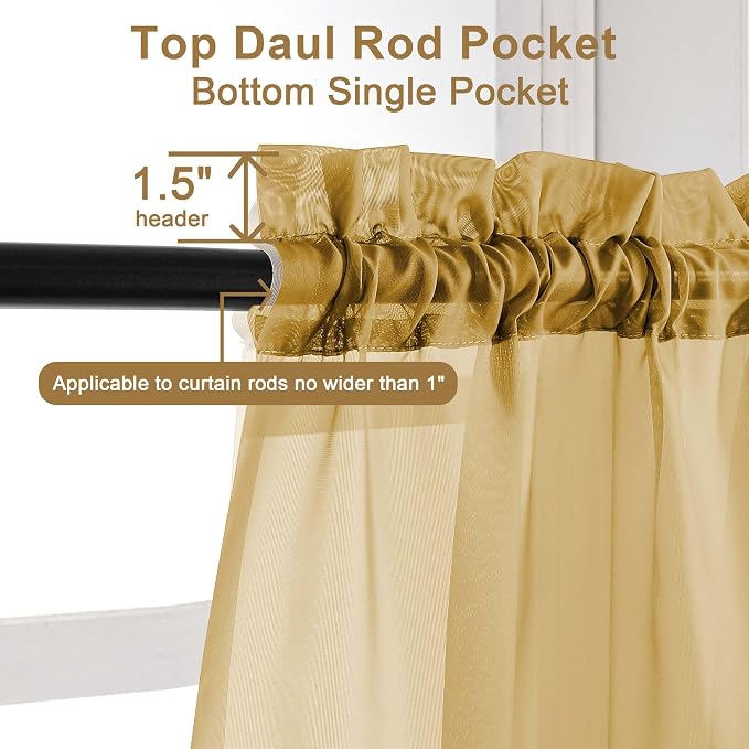 Chyhomenyc Gold Sheer Curtains 45 Inch Long 2 Panels, Short Voile Drapes - Image 4
