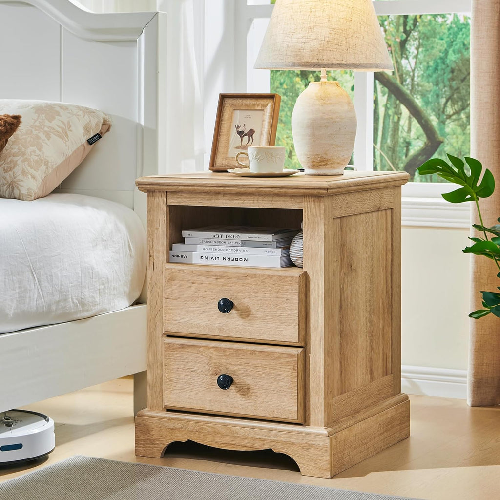 T4TREAM Nightstand with Charging Station, 18 Inch Vintage End Table with 2 Drawers, Wood Rustic Sofa Side Table with Open Storage Shelf for Bedroom, Living Room, Natural Oak