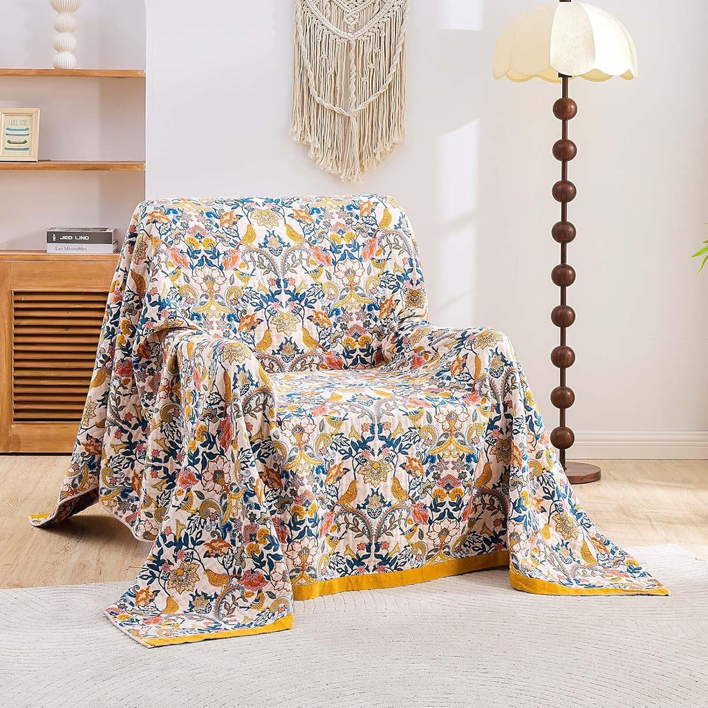 Boho Blanket Throw Quilt, 100% Cotton Soft Light Weight Throw Blankets for Summer, 80"x90" Farmhouse Flower Decorative Blankets, All Season Rustic Reversible Bohemian Throw Quilt
