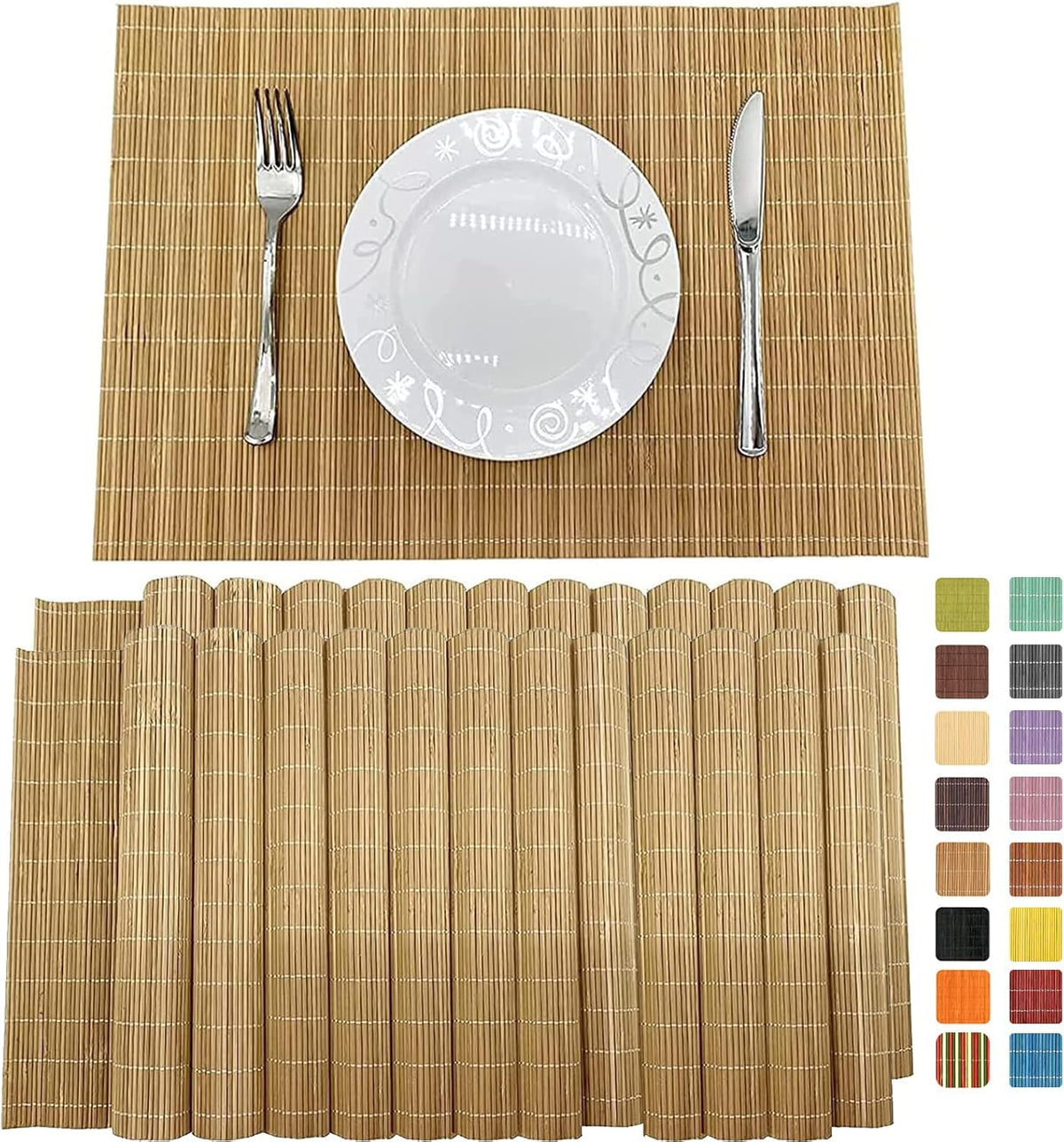 ANDSTAR Set of 24 Bamboo Placemats 17.7X11.8Inch Sushi Rolling Mat Japanese Style Bamboo Mat Natural Place Mats Washable Heat Resistant Table Mats for Dinner Dining Table Wedding Parties（Brown）