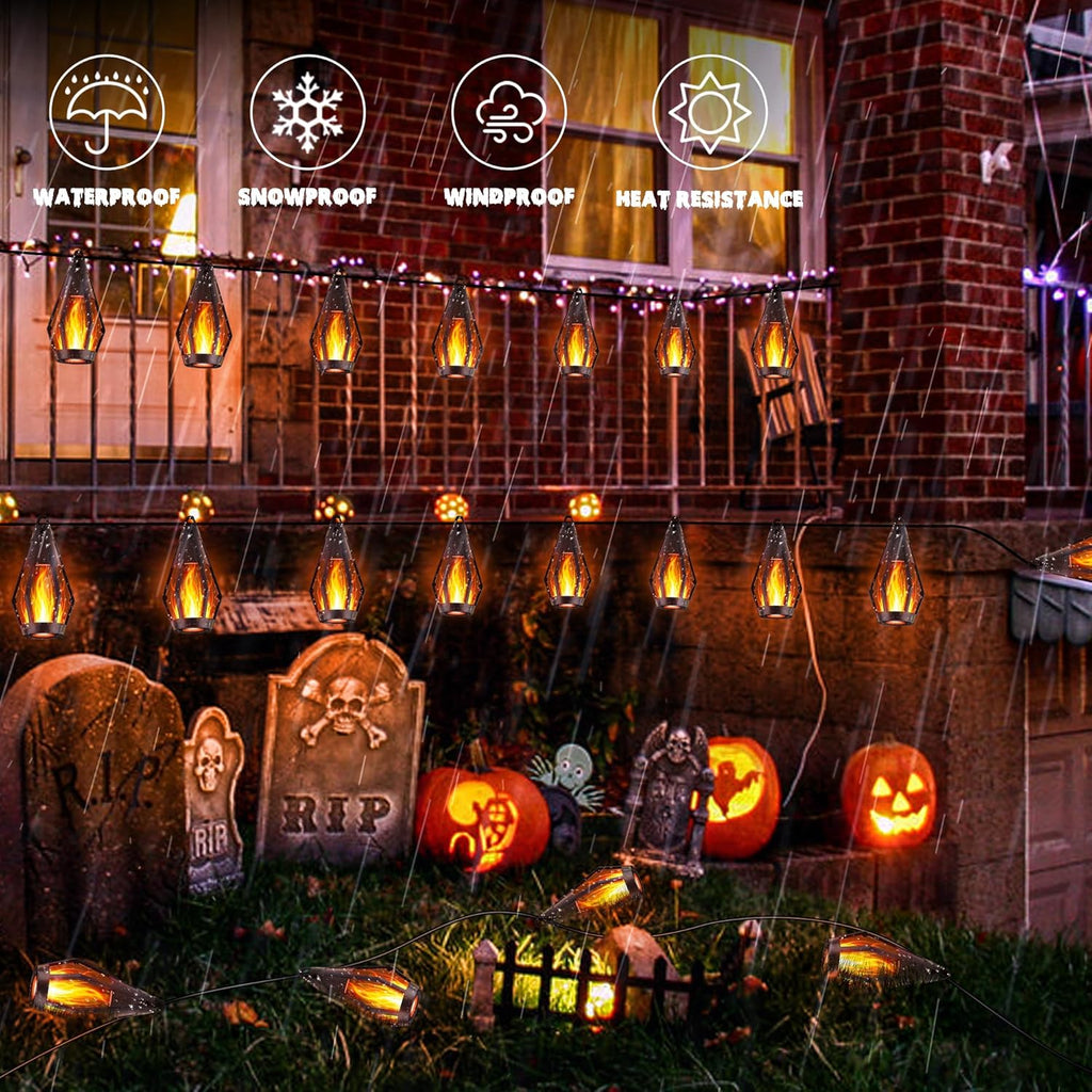 iBaycon Solar Halloween Lights, 42Ft 15 LED Bulbs Flickering Flame String Light, Outdoor Waterproof Solar Flame Lights for Garden Yard Patio Halloween Decorations (Warm White)