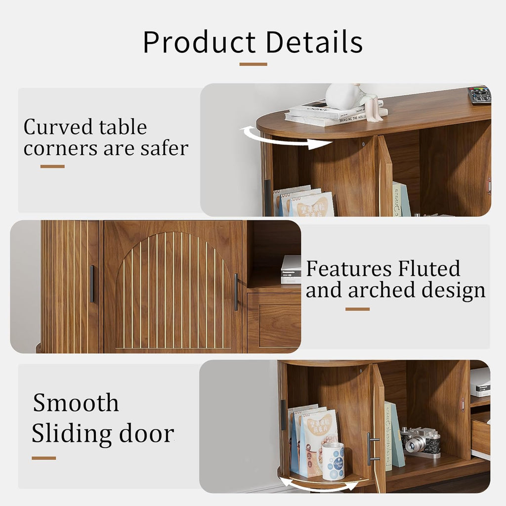 70" Fluted TV Stand for Tvs up to 80", Mid-Century Modern Entertainment Center with Drawers and Fluted Doors, Curved TV Media Console Table with Sliding Doors for Living Room, Bedroom (70")