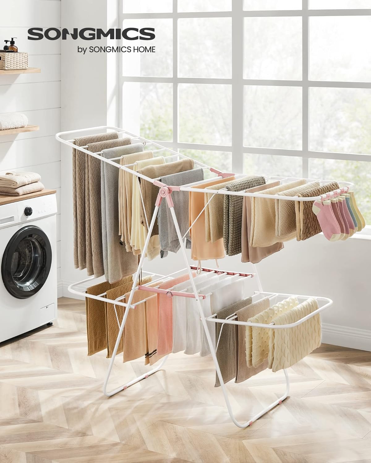 SONGMICS Clothes Drying Rack, Foldable 2-Level Laundry Drying Rack, Free-Standing Laundry Airer, with Height-Adjustable Wings, 33 Drying Rails, Sock Clips, White and Pink ULLR053P01V1