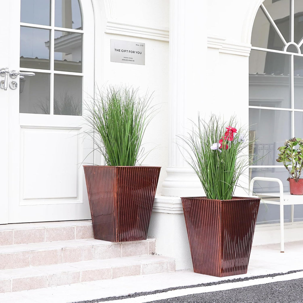 18in Vintage Handmade Metal Vertical Lines Copper Tapered Planters Set of 2, Galvanized Steel Planter Box with Drainage Hole for Indoor/Outdoor/Porch/Garden