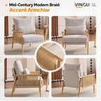 VINGLI Boho Braid Accent Armchair,Mid-Century Modern Chiar with Solid Wooden Armrest,Comfy Louge Cushion Chair with Waist Pillow for Bedroom,Living Room,Reading Room, Light Gray