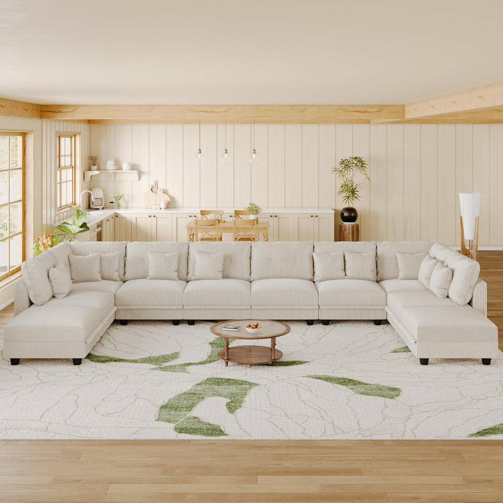 LLappuil Modular Sectional Sofa with Storage Seats, Corduroy Convertible Modular U Shaped Sectional Couch for Living Room, 10 Seat Oversized Sofa with 10 Back Cushion 10 Throw Pillow, Beige