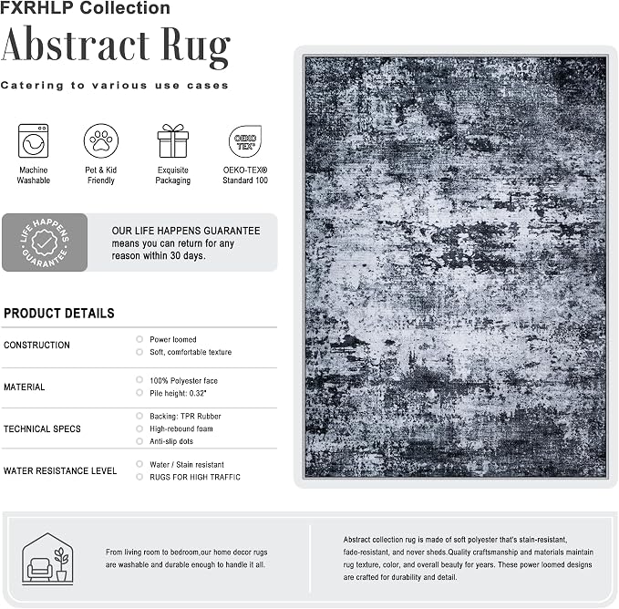 5x8 Area Rug Living Room: Modern Washable Indoor Carpet Black | - Image 2