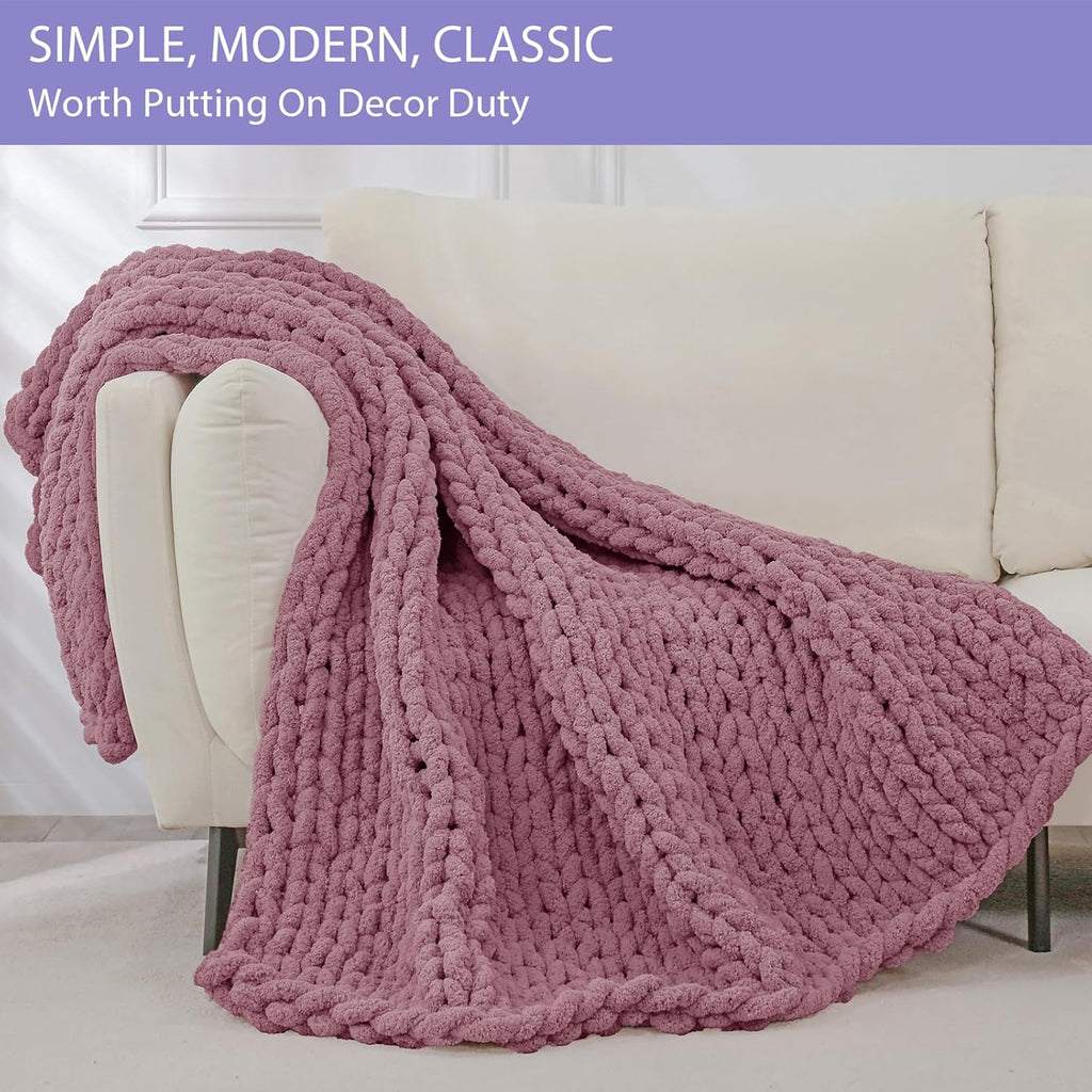 Bigacogo Chunky Knit Throw Blanket for Couch, 40x40 inches, 100% Hand Knitted with Thick Jumbo Chenille Yarn, Cozy Soft Large Rope Knot Cable Crochet Blankets for Sofa Bed Living Room, Burnt Rose