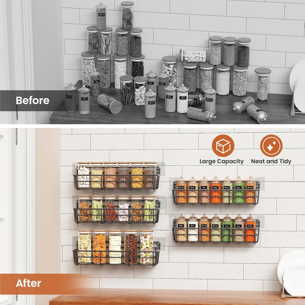 Spice Rack wall mounted 6 Pack, Space-Saving Spice Organizer for Spice Jars and Seasonings,Screw or Adhesive Hanging Spice Rack Organizer for Your Kitchen Cabinet,or Pantry Door