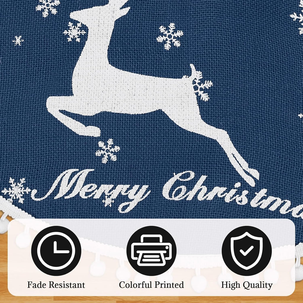 36 Inch Christmas Tree Skirt, Burlap Blue Christmas Rustic Tree Skirt with Elk Deer and White Snowflake Printed for Holiday Party Xmas Tree Decoration