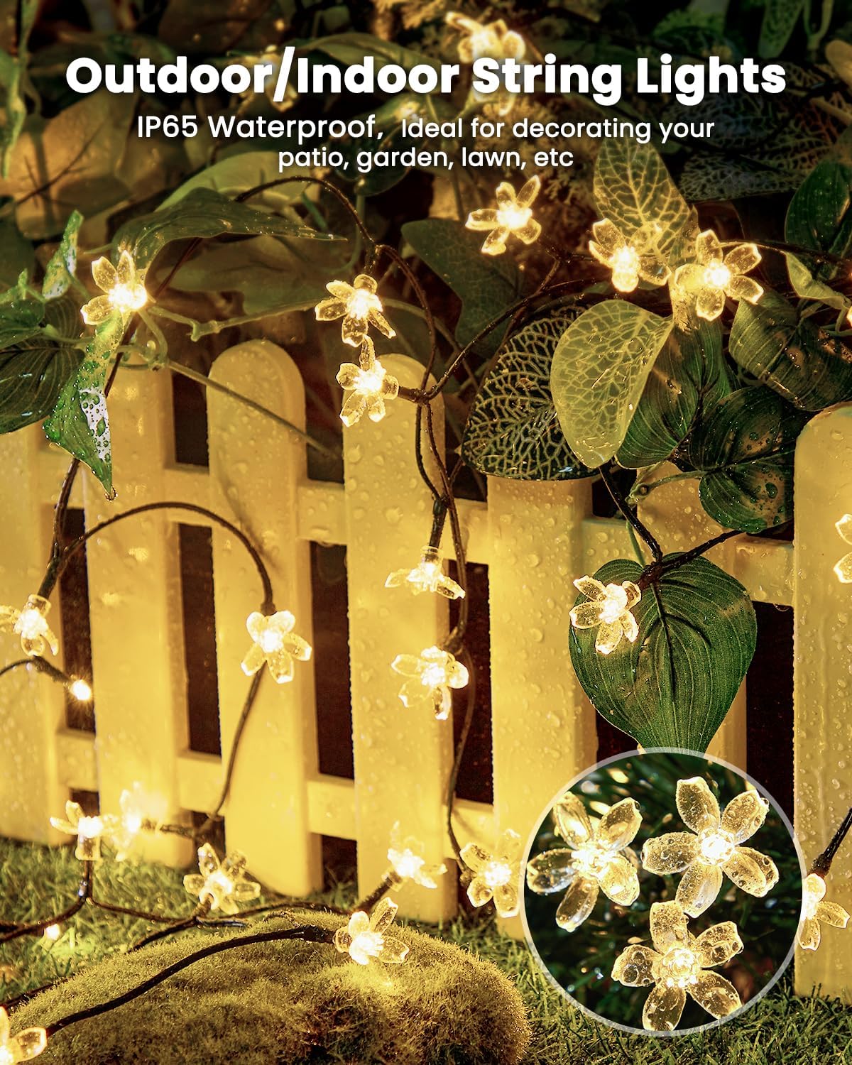 Brightown 2 Pack Total 52FT 120 LED Solar String Lights Flower Outdoor Waterproof Fairy Lights for Garden Yard Fence Patio Christmas Tree Wedding Party Decor, Warm White