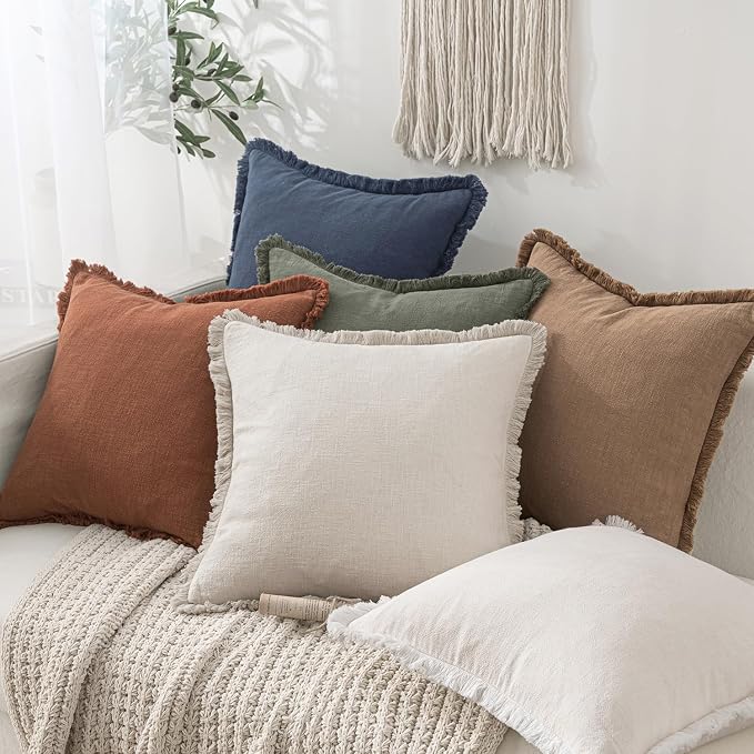 MIULEE Linen Fringe Decorative Throw Pillow Covers Natural Beige 18x18 | Set of - Image 6