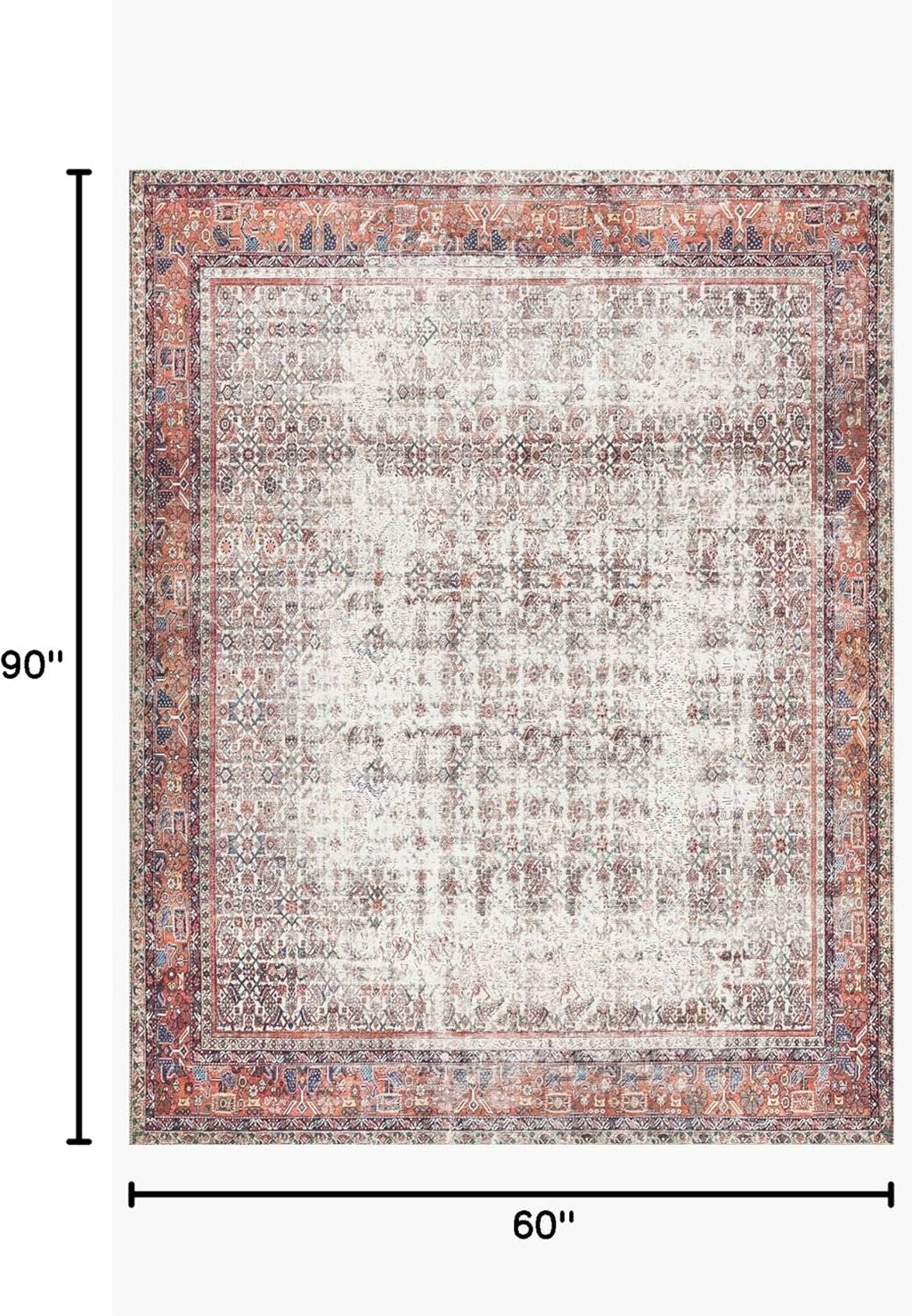 Loloi Layla Collection LAY-12 Ivory/Brick 5'-0" x 7'-6" .13" Thick Area Rug, Soft, Durable, Vintage Inspired, Distressed, Low Pile, Non-Shedding, Easy Clean, Printed, Living Room Rug