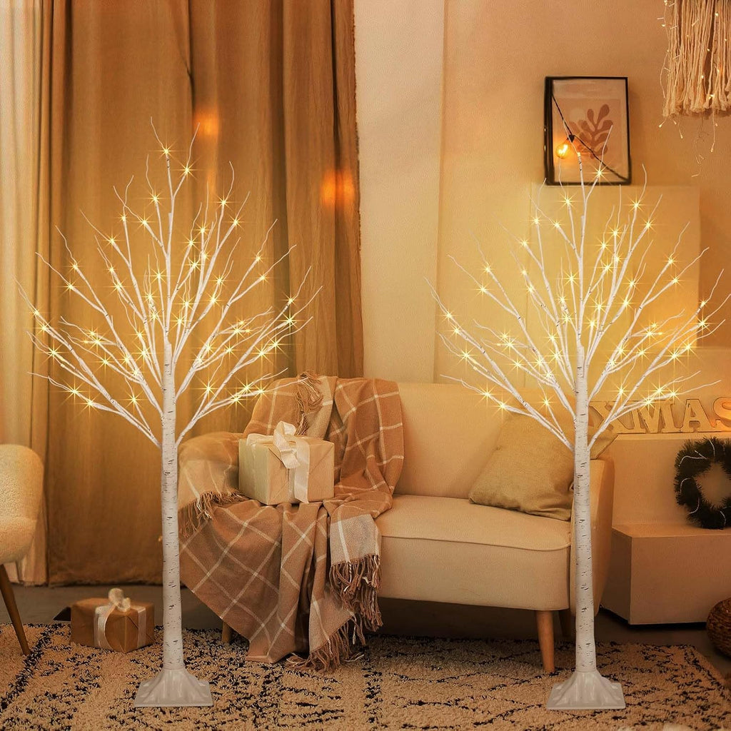 2 Pack 4FT 100LED Christmas Lighted Birch Tree, Timer Function Prelit Artificial Tree Lamp Plug in with Warm White Lights, 2 Modes Twinkling Twig Trees for Indoor Outdoor Party Christmas Decorations