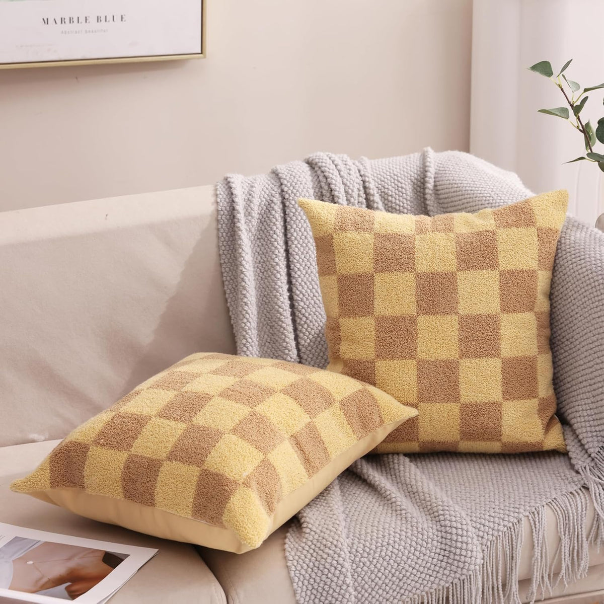 Alysheer Checkered Embroidered Decorative Throw Pillow Covers 18"x 18" Set of 2, Farmhouse Cottage Cream Ivory Plaid Tufted Patterned Cotton Canvas Cushion Case for Sofa Couch Bed Living Room
