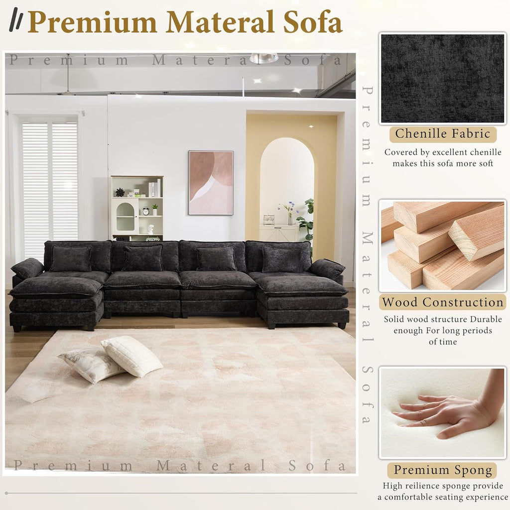 URRED Modular Sectional Sofa Comfy Cloud Couch, Modern Chenille Sofa Sleeper Deep Seat Couches with Ottoman/Pillows for Living Room (Black, 154'' - U Shape)