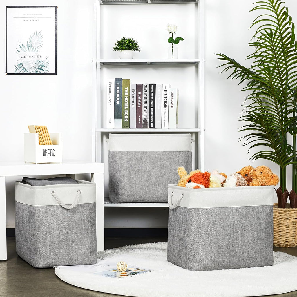 Bidtakay Extra Large Storage Baskets for Organizing 17x12x15.1 inch 3-Pack Fabric Closet Organizers Storage Bins with Handles Foldable Storage Baskets for Shelves Clothes XL-White&Grey