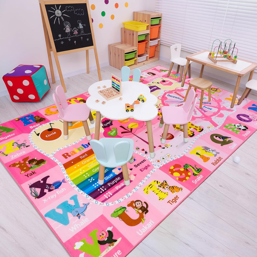 Kids Rugs for Playroom Bedroom Classroom Nursery, Non-Slip and Washable Rugs for Children Toddlers Girls, Educational and Fun Rug Carpets with ABC Alphabet Animals Shapes, 3x5, Pink