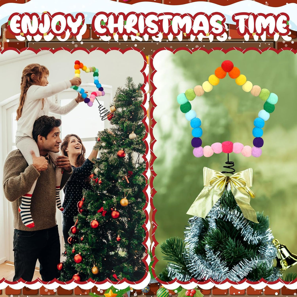 Rainbow Felt Ball Star Christmas Tree Topper Colorful Pom Pom Felt Ball Xmas Tree Topper Colorful Five Pointed Star Xmas Ornaments for Decoration(8.3 x 7.1 Inch)