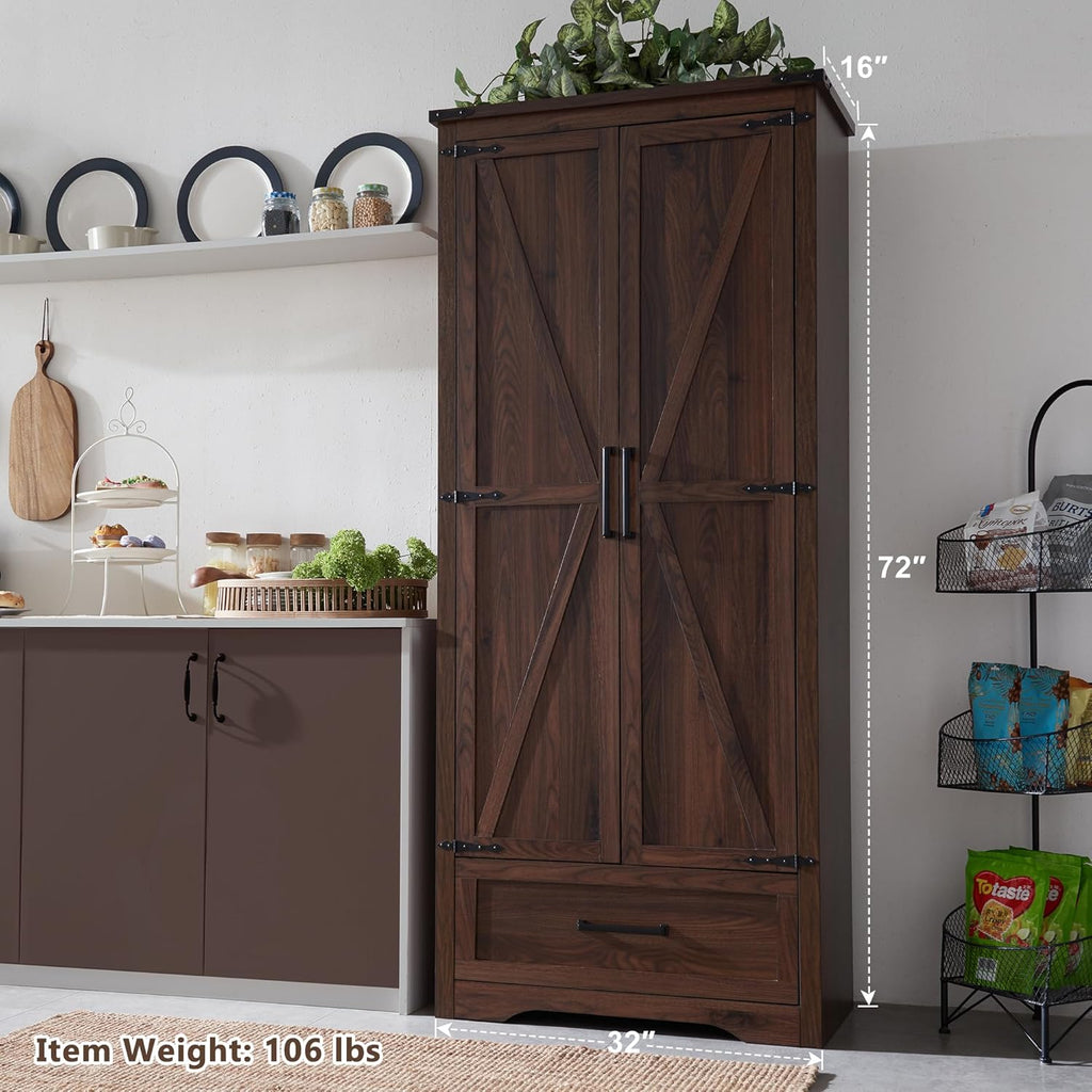 72" Tall Wood Storage Cabinet, Farmhouse Kitchen Pantry Cabinet with Adjustable Shelves & Drawer & Barn Doors, Versatile Storage for Kitchen, Dining Room, Bathroom, Brown