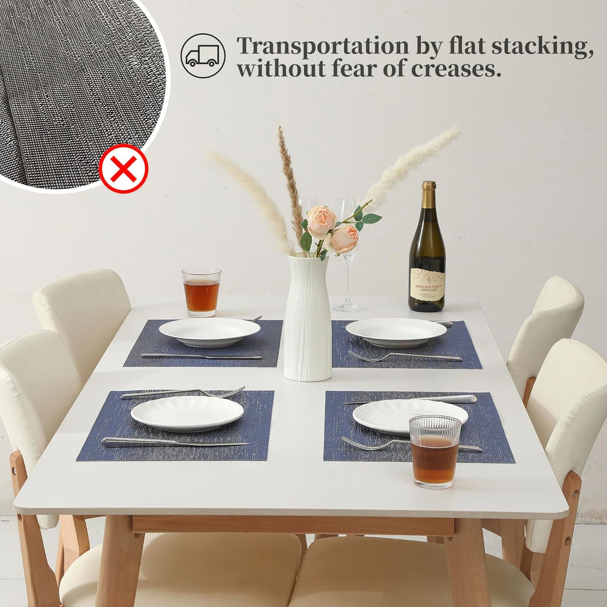 Leetaltree Denim Blue Placemats Set of 6 - Heat Resistant Non-Slip Place mats for Dining Table, Washable Durable PVC Vinyl Woven Table Mats（Denim Blue, 6）