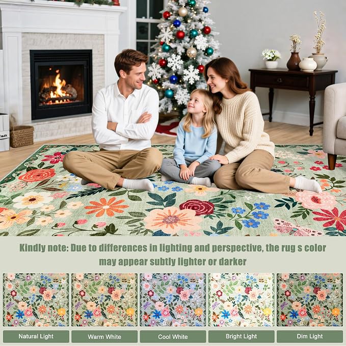 PLHXFR Area Rug 9x12 Living Room: Floral Washable Boho Soft Carpet Green | - Image 9