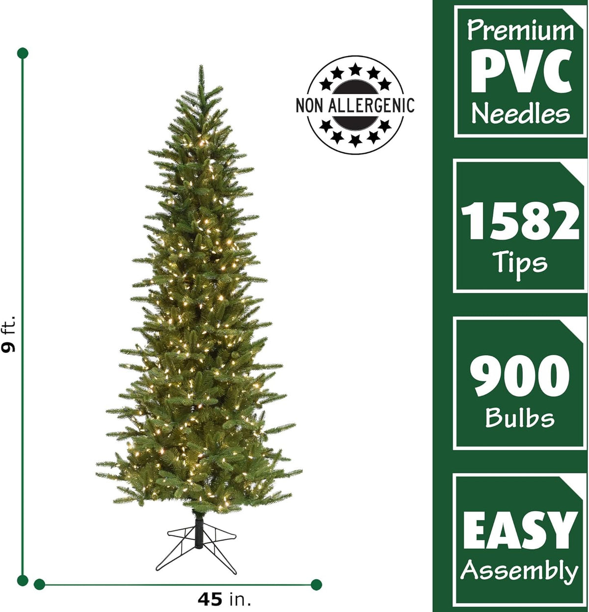 Fraser Hill Farm 9-Ft. Carmel Pine Slim Artificial Christmas Tree with Warm White LED Lights and Stand, Prelit Foldable Fake Tree with Realistic Foliage for Home Decoration