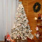 9 ft Prelit Flocked Christmas Tree with Pine Cones & 850 UL Lights, Snow Frosted Artificial Christmas Tree with Auto Hinged Stand for Holiday Decor