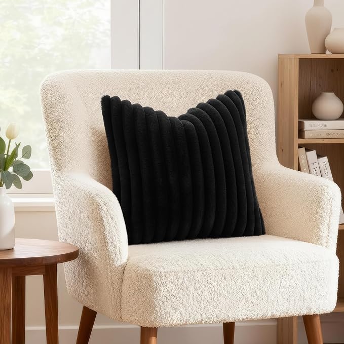 decorUhome Fall Faux Fur Throw Pillow Covers 26x26 Set of 2 Black | Decorative - Image 4