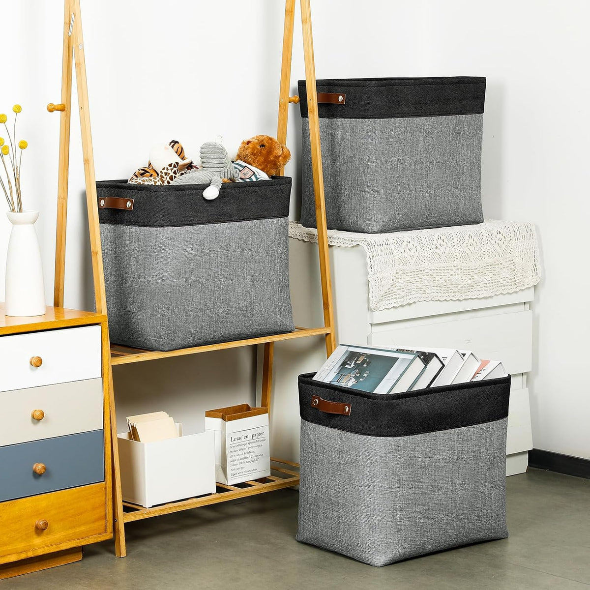 DULLEMELO Grey Storage Baskets for Organizing 3 Pack Fabric Shelf Baskets for Gifts Empty Large Storage Organizer for Closet,Clothes,Toys,Bedroom (Black&Grey)