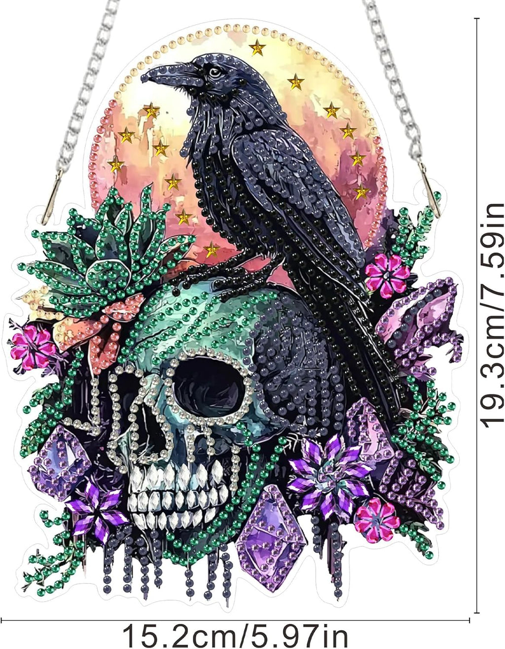 SENQAO Crow Diamond Art Hanging Kit for Adult, Special Shaped Rhinestone, Double Sided DIY Acrylic Diamond Art Painting Window Pendants Home Garden Wall Hanging Kits Hanging Ornament (Raven Skull)