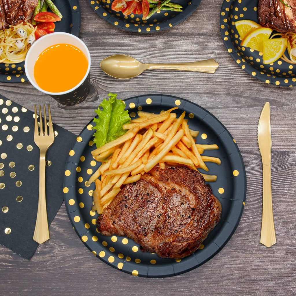 Black and Gold Party Supplies, 350PCS Disposable Dinnerware Set Inclueds Black Gold Dot Paper Plates Napkins Cups Gold Plastic Fork Knives Spoon for Women Men Birthday Wedding Baby Shower Decorations