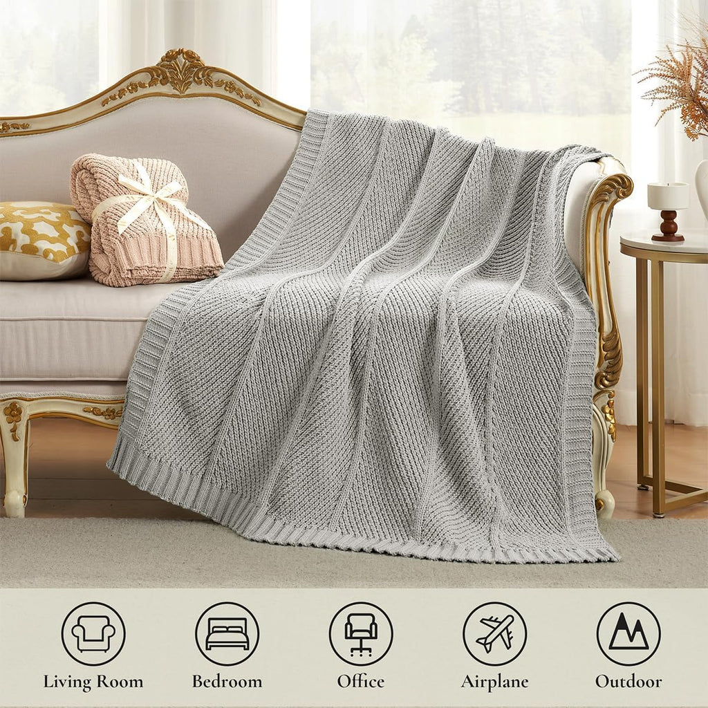 Amélie Home Chenille Knit Throw Blanket for Couch, Chevron Texture Decorative Soft Blanket for Sofa, Bed & Chair, 60"x80", Light Grey