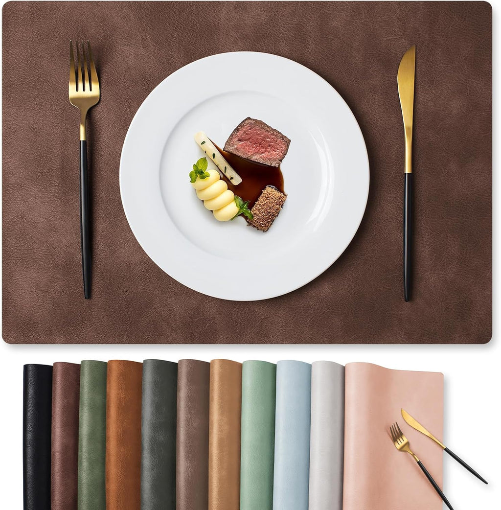 MOSAYT Vinyl Placemats Set of 6-12 X 17 Inch - Faux Leather 100% Waterproof Oil-Proof Wipeable PU Place Mats, Heat Resistant Reversible Table Mats for Kitchen, Dining, Outdoor (Coffee)